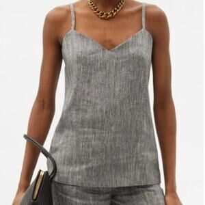 MaxMara NWT Vespa Silk Tweed Camisole Top Size US 10 Grey Linen V-Neck Italy